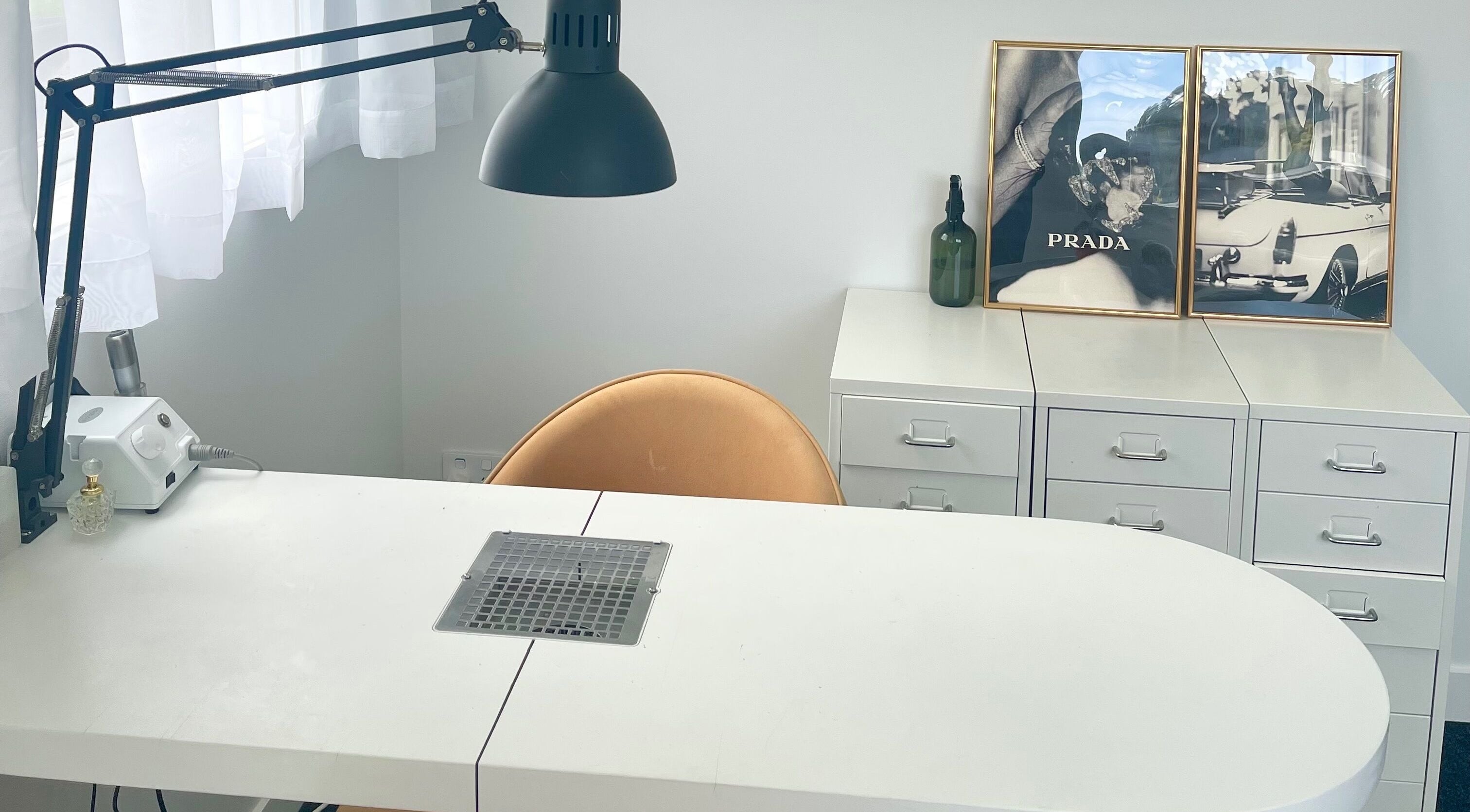 Elegant nail station at Nails by Brooke, Kumeū, Auckland, NZ, featuring modern decor and professional tools.