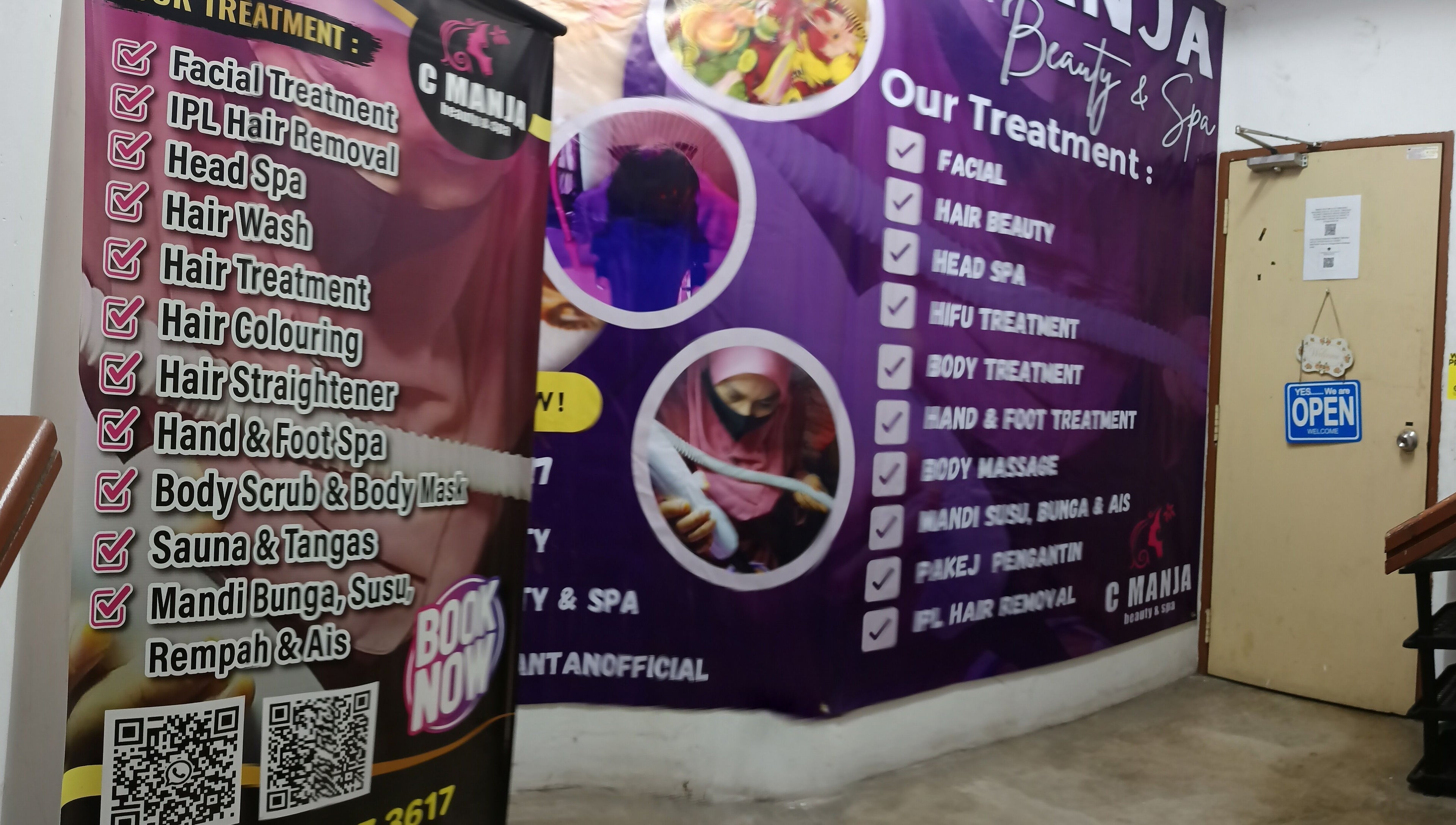 C Manja Beauty & Spa treatment options displayed on wall in Kuantan, Pahang, MY.