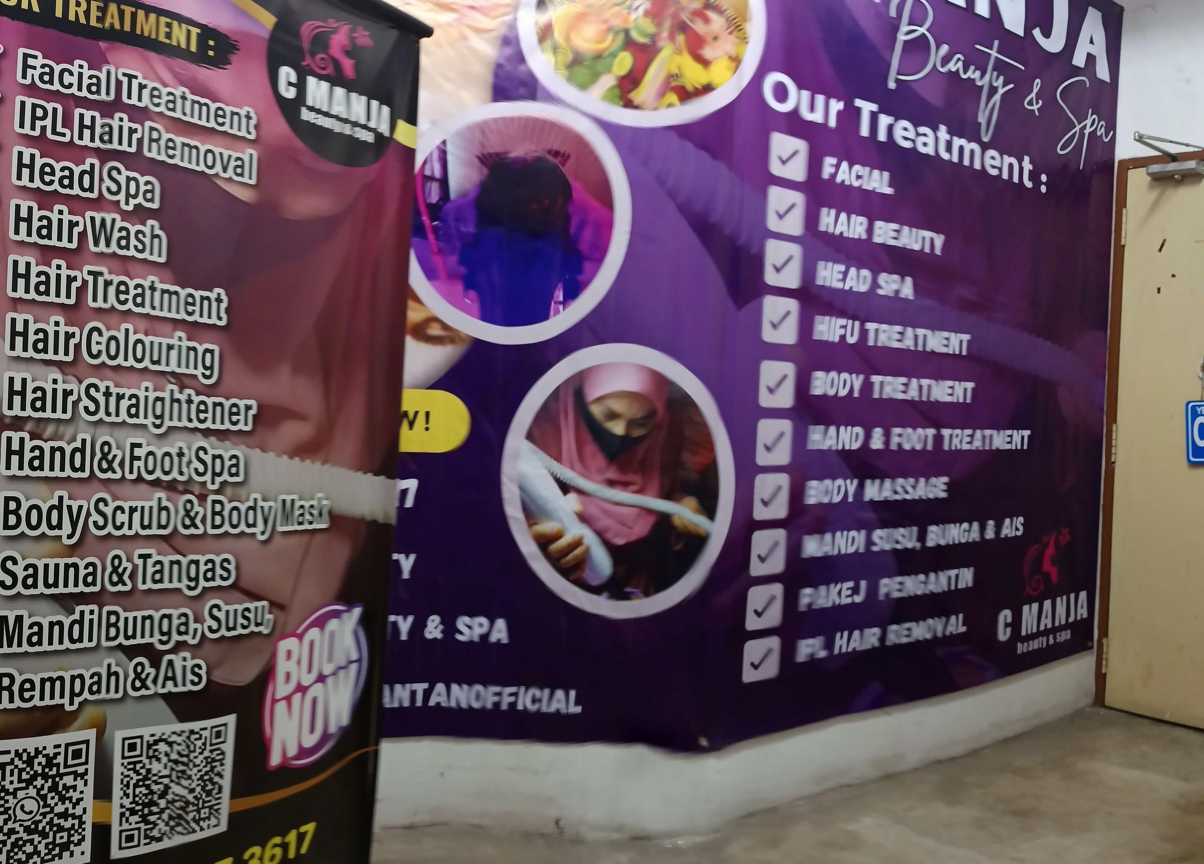 C Manja Beauty & Spa treatment options displayed on wall in Kuantan, Pahang, MY.