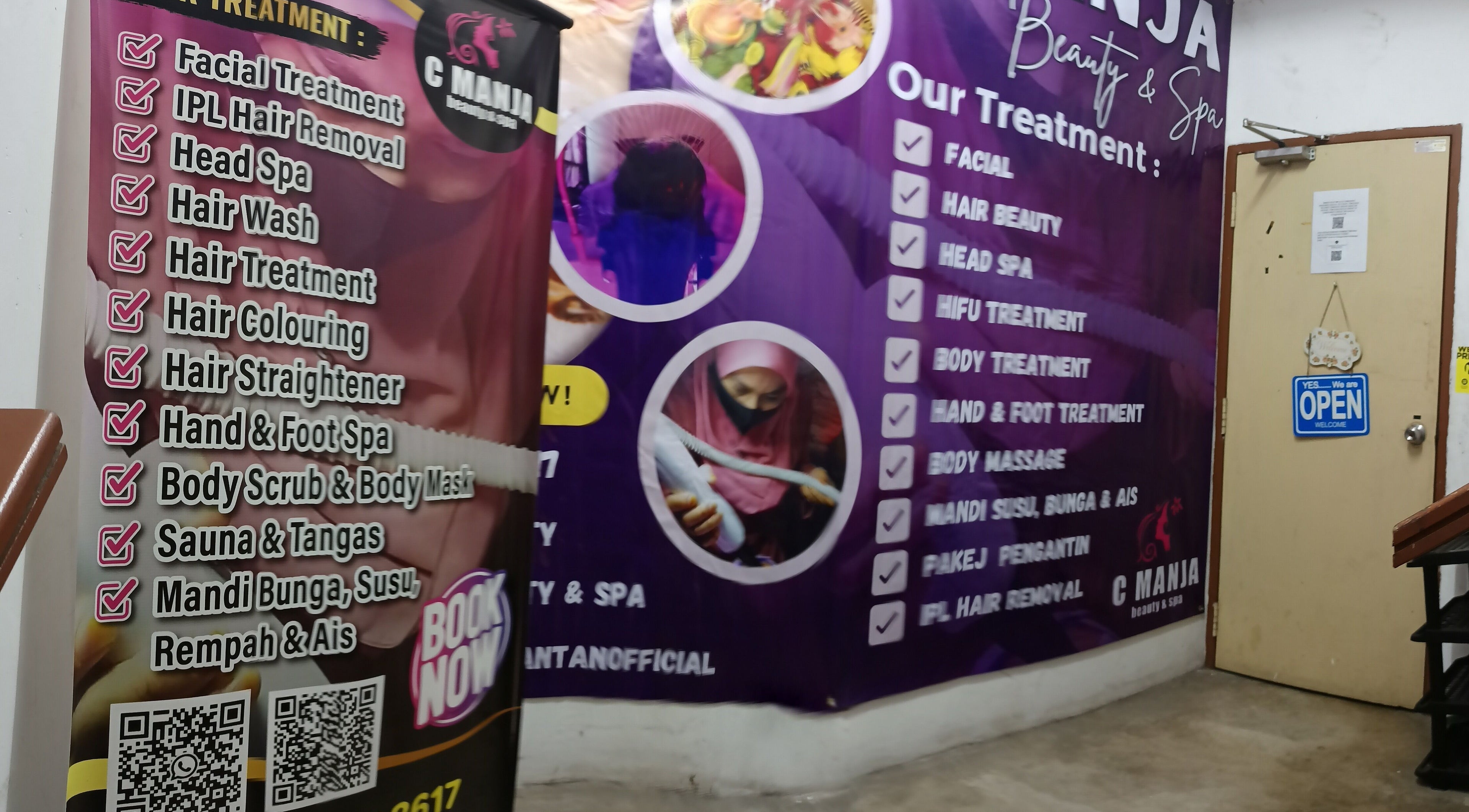 C Manja Beauty & Spa treatment options displayed on wall in Kuantan, Pahang, MY.