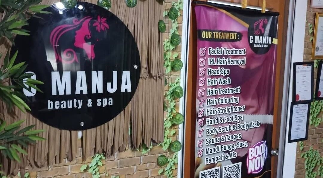 C Manja Beauty & Spa entrance showcasing services list in Kuantan, Pahang, MY.