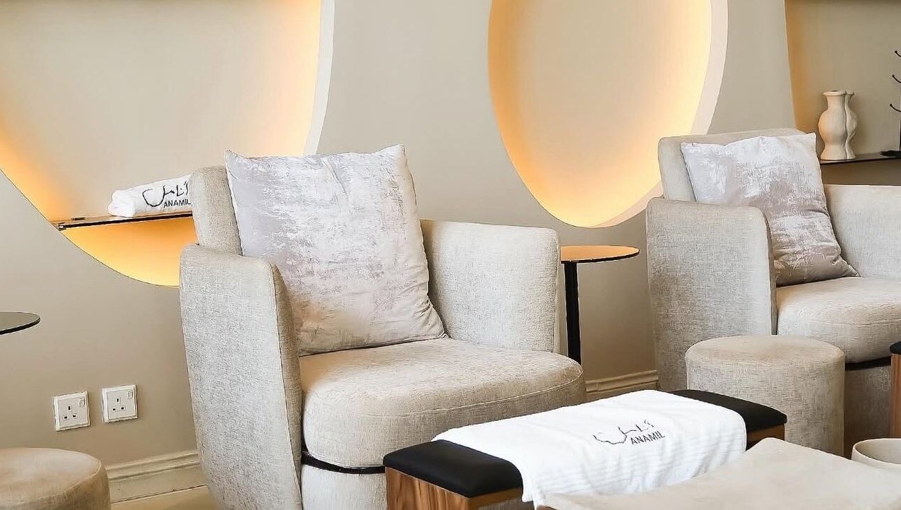 Luxury seating area at Anamil Spa - Qurtubah, Riyadh, Riyadh Province, SA, with plush chairs and ambient lighting.