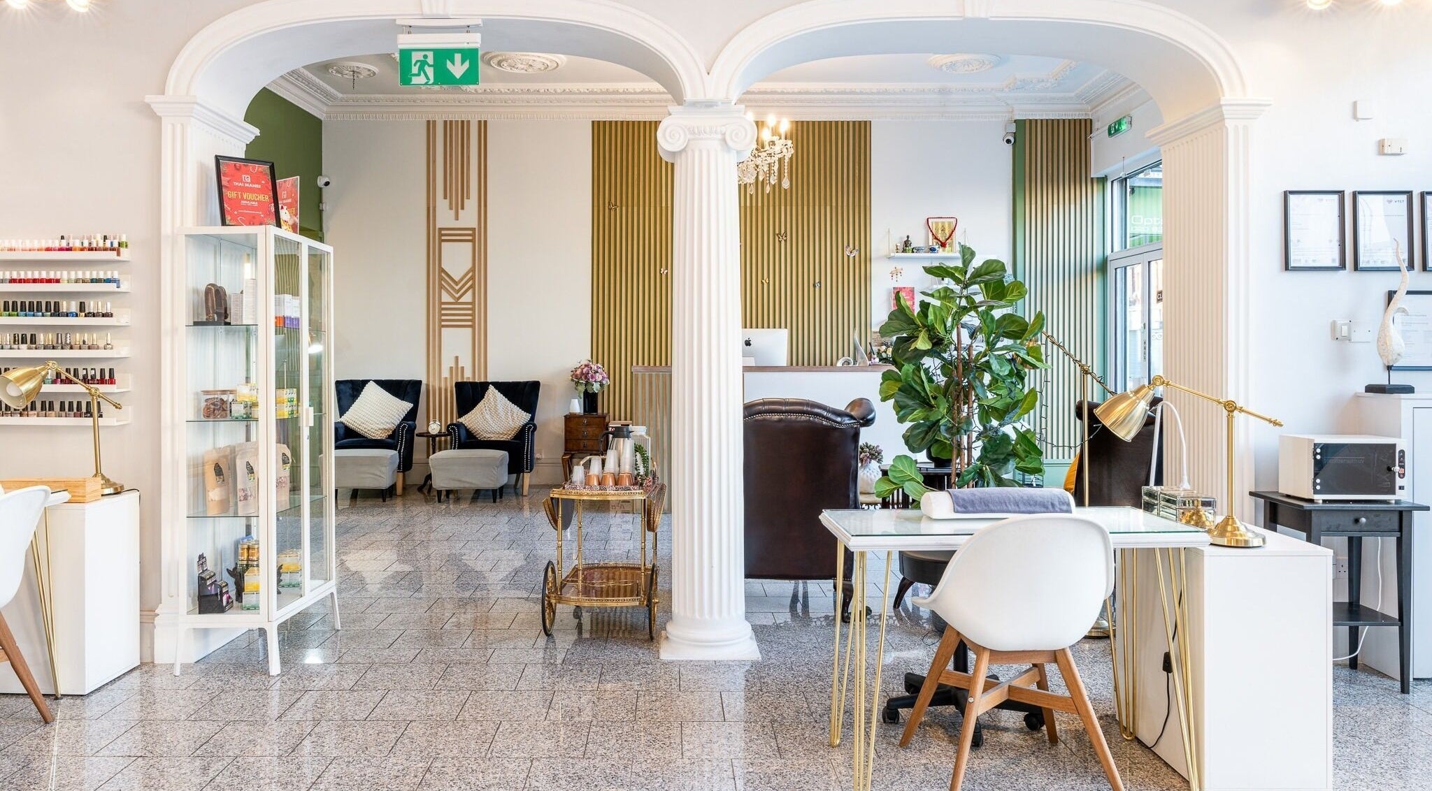 Interior of LAYANA - Finchley Central, a chic beauty salon in London, England, GB, showcasing luxurious decor.