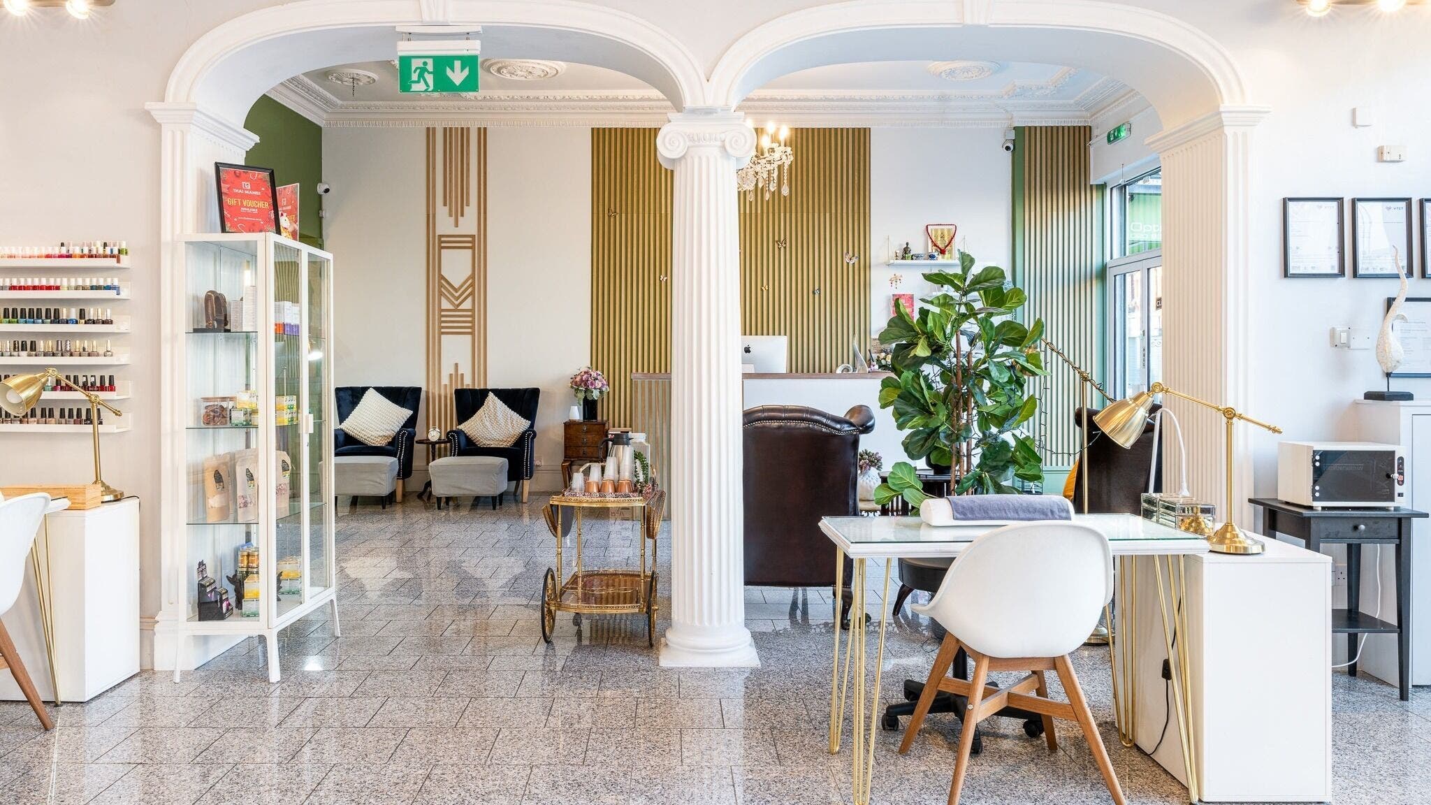 Interior of LAYANA - Finchley Central, a chic beauty salon in London, England, GB, showcasing luxurious decor.