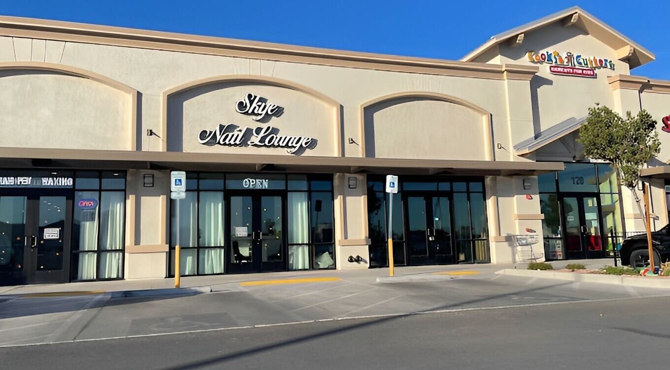 Entrance of Skye Nail Lounge in Las Vegas, Nevada, US, showcasing modern storefront design.
