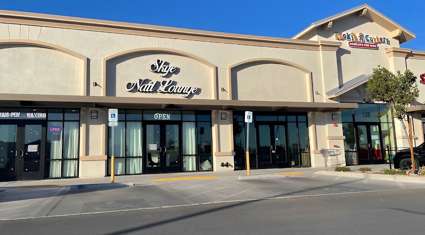 Entrance of Skye Nail Lounge in Las Vegas, Nevada, US, showcasing modern storefront design.
