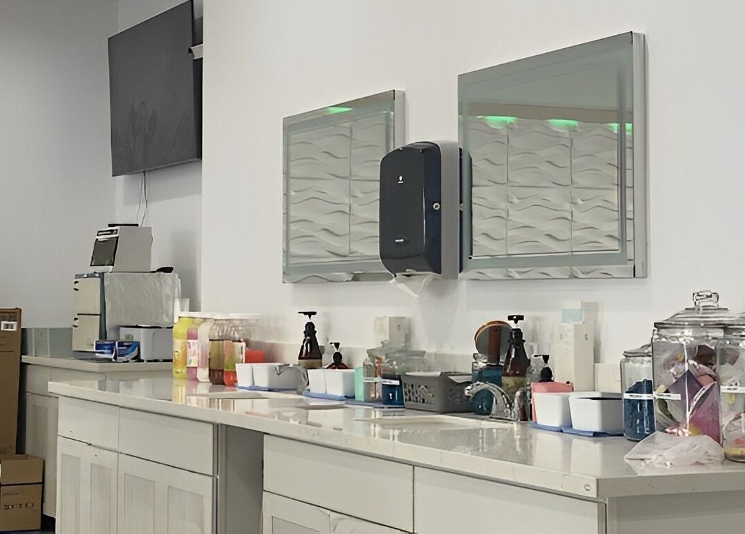 Sleek countertop at Skye Nail Lounge featuring beauty products in Las Vegas, Nevada, US.