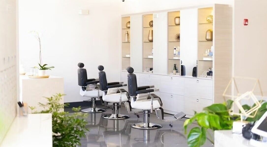 Modern salon chairs at Omnia Spa - Granite Run in Media, Pennsylvania, US. Sleek and inviting atmosphere.