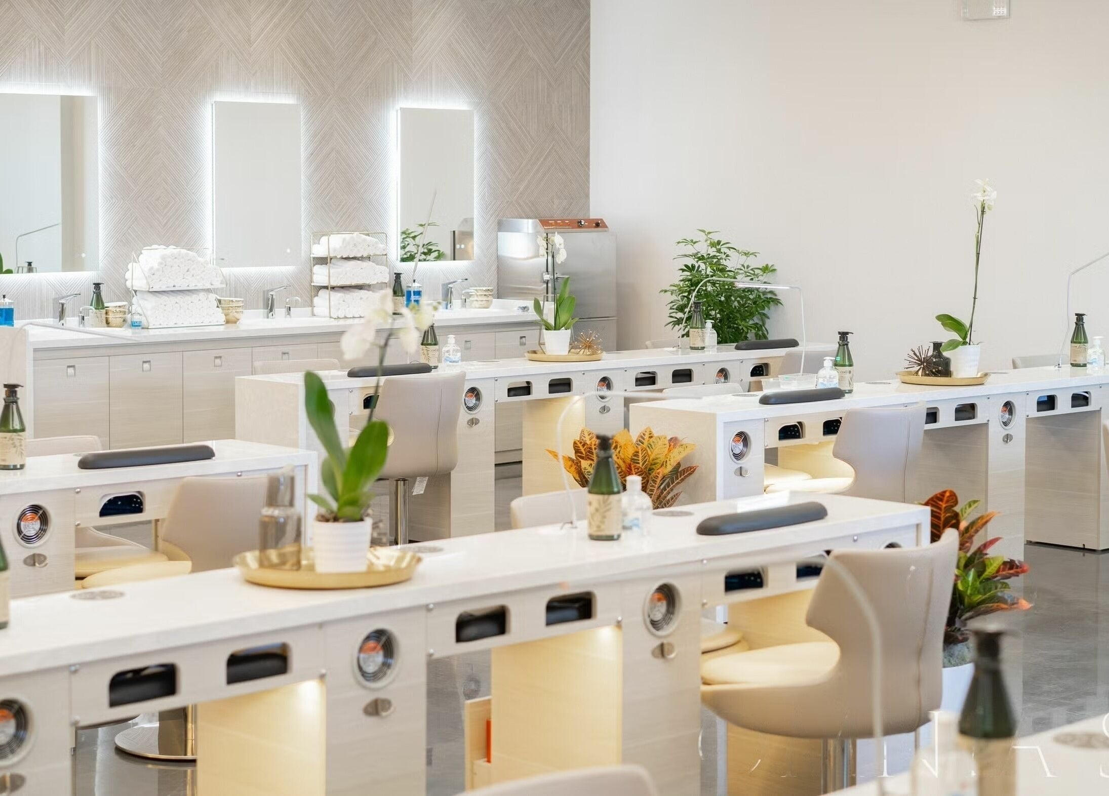 Elegant nail stations at Omnia Spa - Granite Run, Media, Pennsylvania, US, featuring modern decor and vibrant plants.