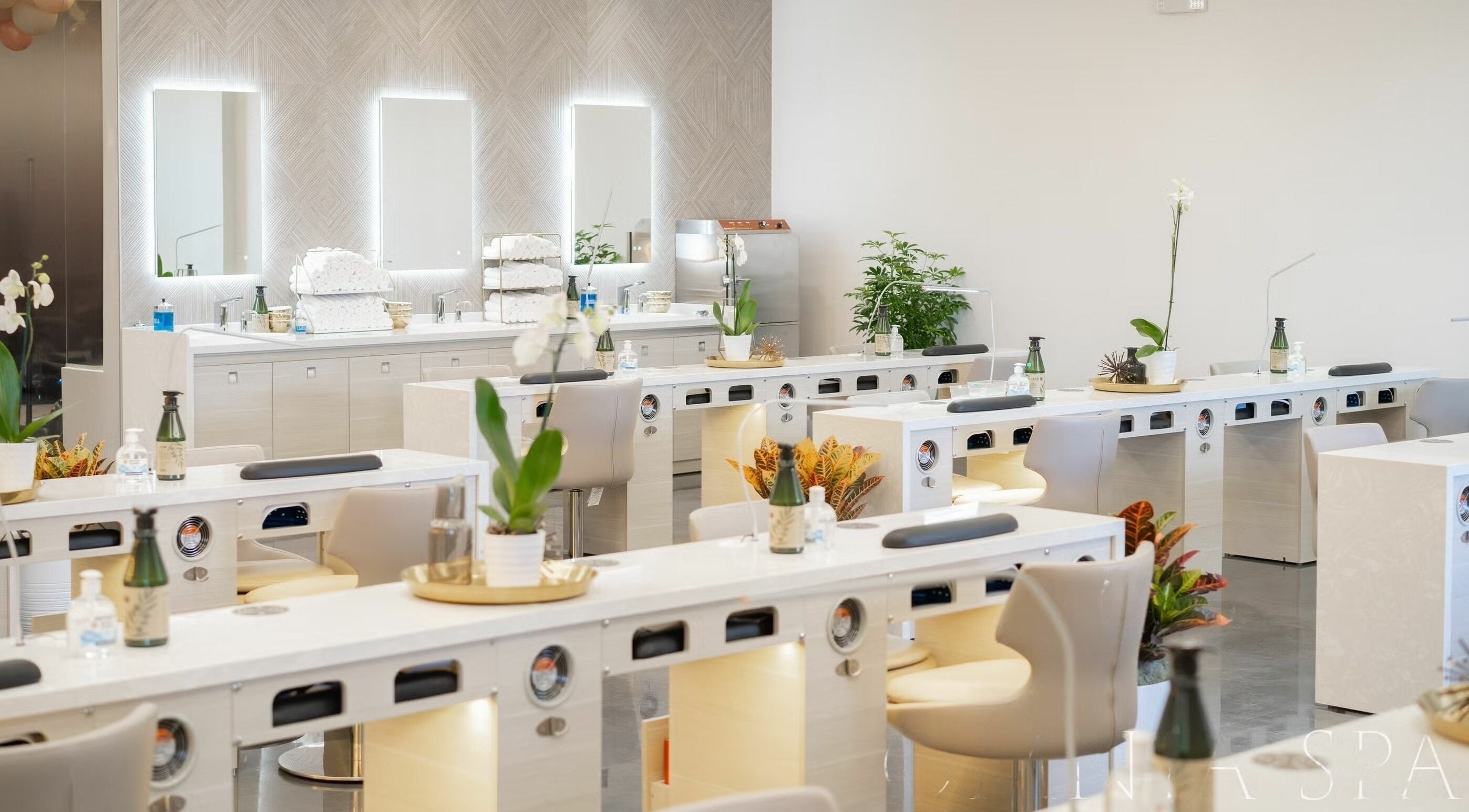Elegant nail stations at Omnia Spa - Granite Run, Media, Pennsylvania, US, featuring modern decor and vibrant plants.