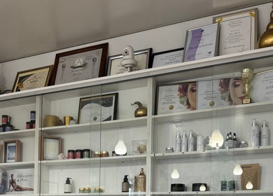 Awards and products displayed at OM Spa & Beauty in Melbourne, Victoria, AU.