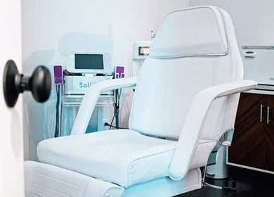 Comfortable treatment chair at Mountain Miracles Med Spa in Rangeley, Maine, US, ready for clients.