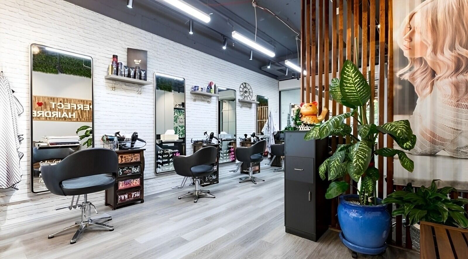 Elegant interior of Perfect Hairdressing at Bondi Junction, featuring upscale salon chairs and lush decor.