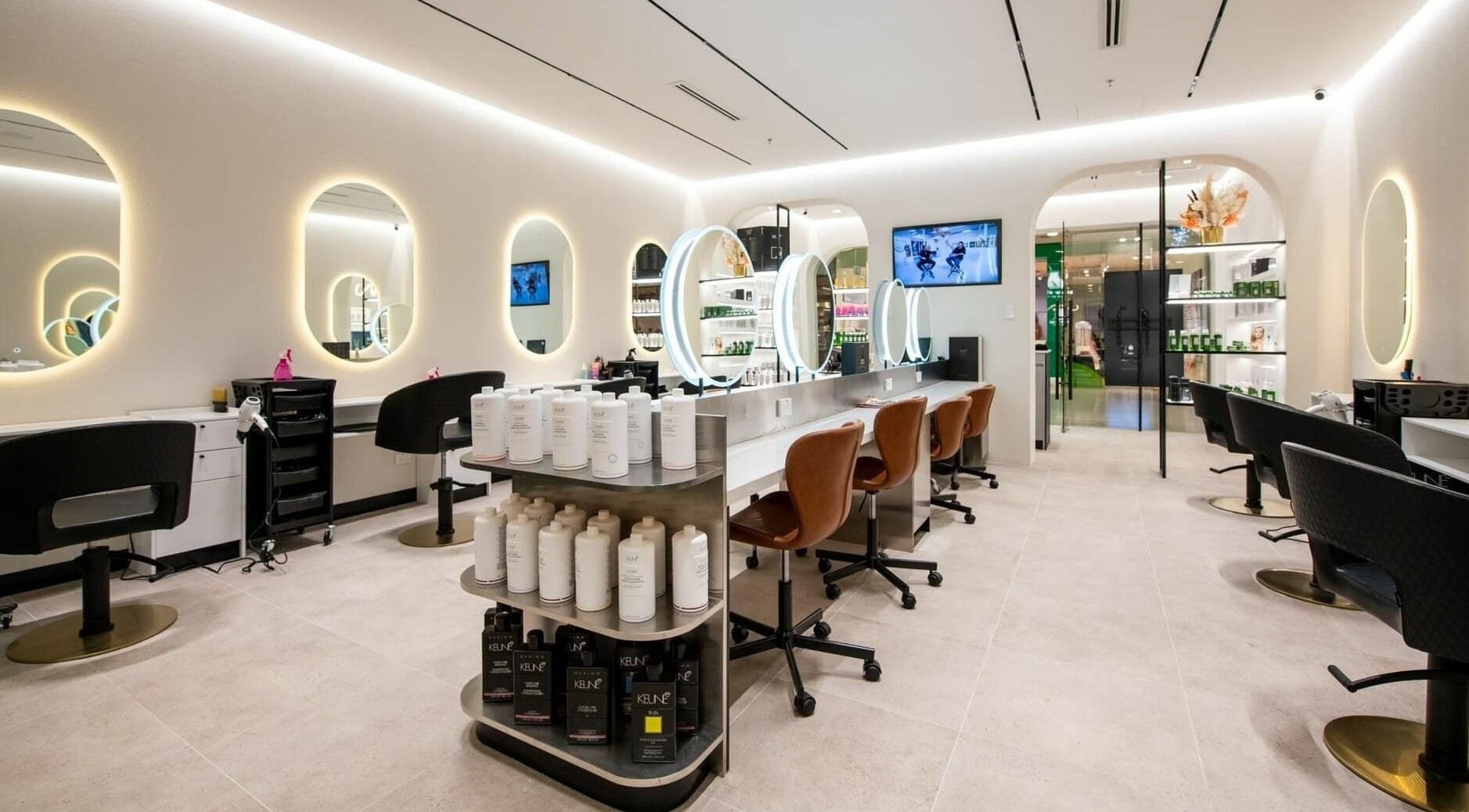 Modern salon interior at Macquarie Shopping Centre Snowbear Hairdressing in Macquarie Park, New South Wales, AU.