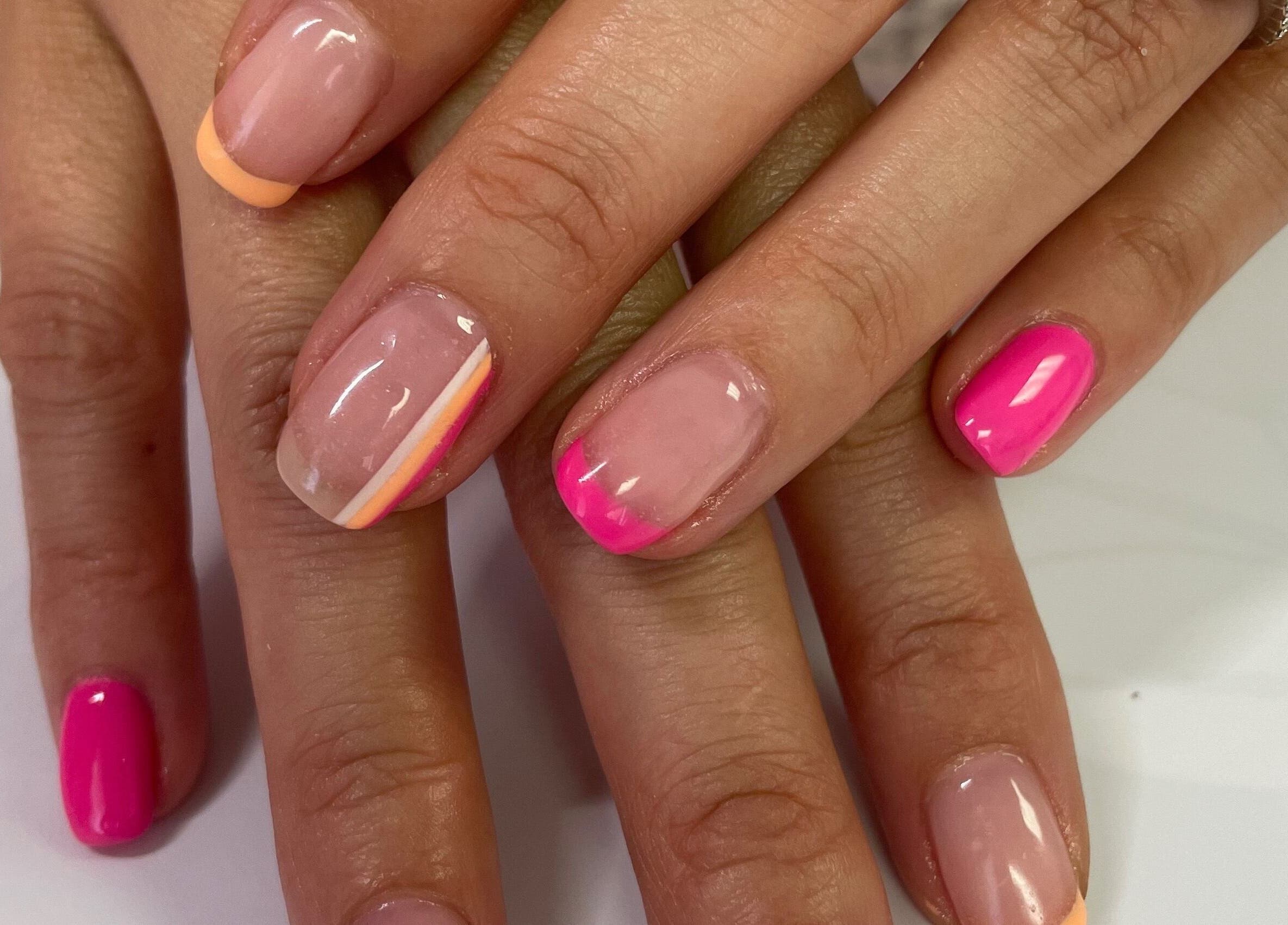 Stylish pink and orange nail art at Brushed Nails by Nobi, Randburg, Gauteng, ZA.