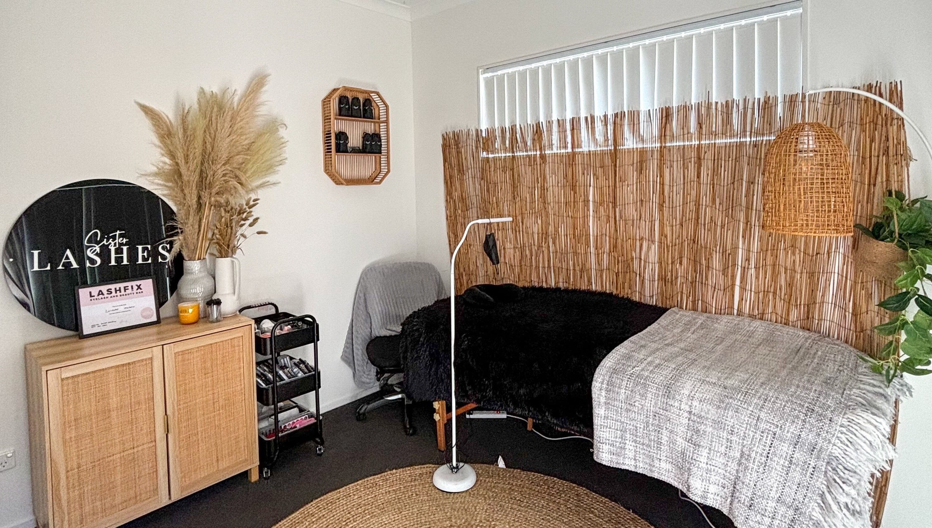 Elegant treatment room at Sister Lashes in Auckland, NZ, featuring tranquil decor and a welcoming atmosphere.