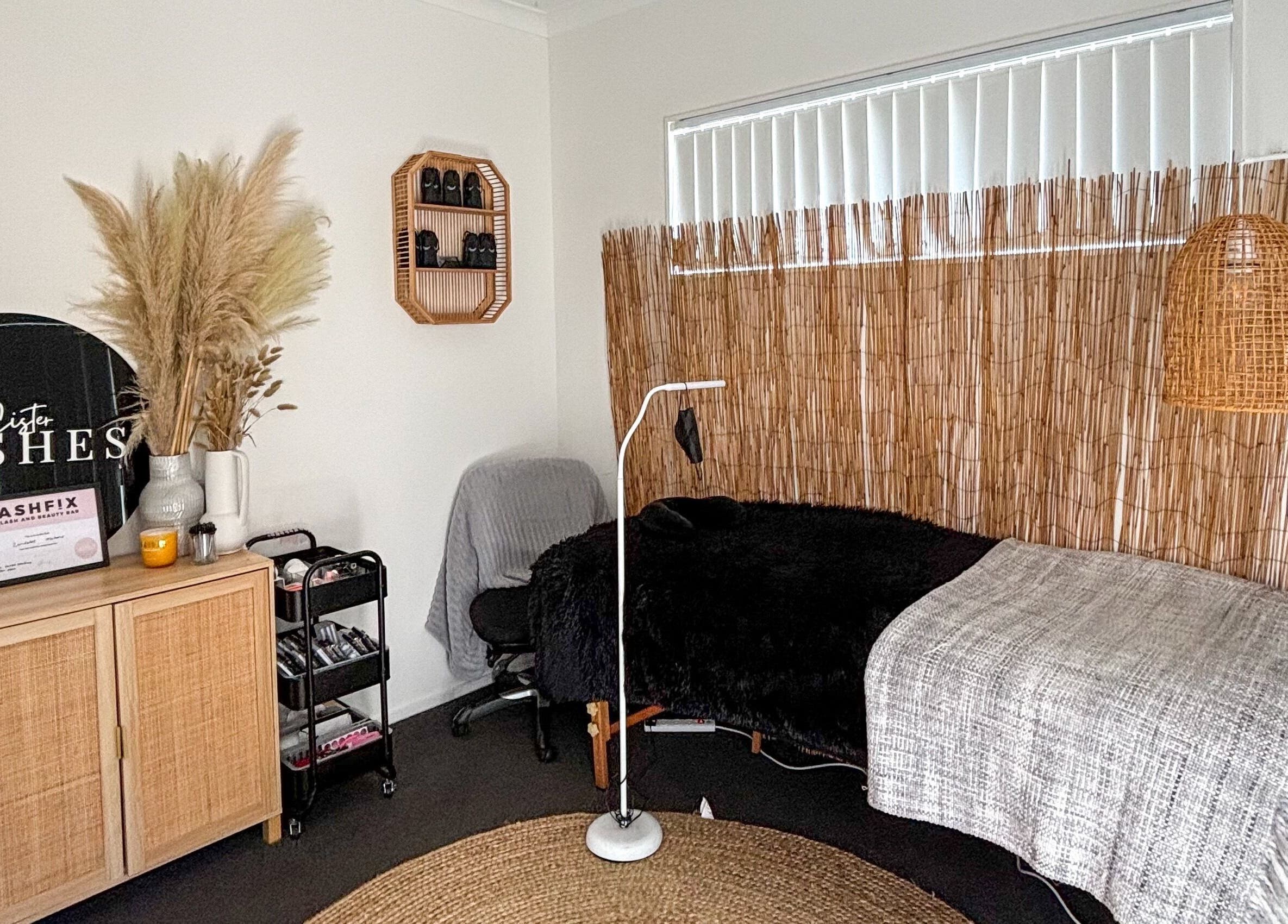 Elegant treatment room at Sister Lashes in Auckland, NZ, featuring tranquil decor and a welcoming atmosphere.