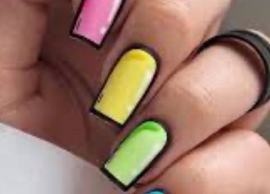 Colorful nail art at mkrnails in Kippax, England, GB, featuring pink, yellow, green, and black designs.