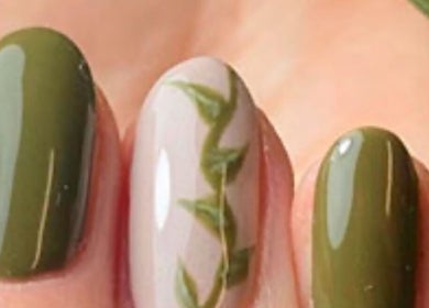 Elegant green leaf nail art at mkrnails, Kippax, England, GB.