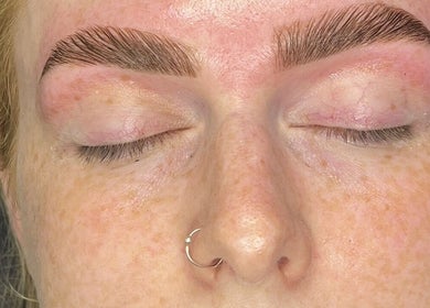 Close-up of expertly groomed brows at LLM Lashes, North Shields, England, GB.