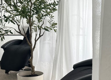 Relaxing salon interior with chair and olive tree at COCO ROSE BEAUTY, St Austell, England, GB.