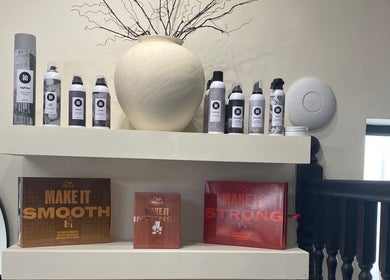 Hair products on display at Atelier Hair & Beauty Studio, Bolton, England, GB.
