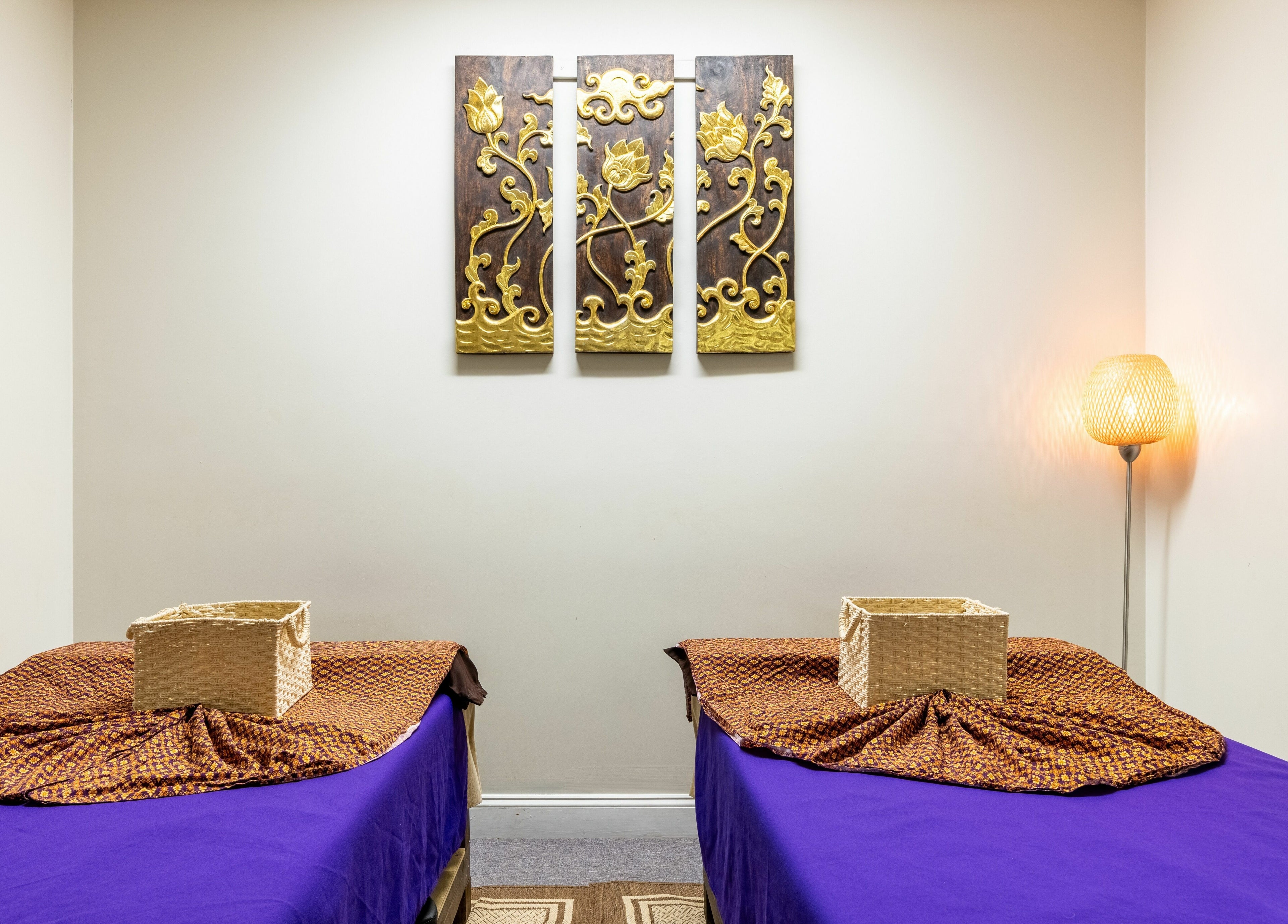 Tranquil massage room at La Moon Thai Spa Wilmington, featuring cozy decor in Wilmington, Massachusetts, US.