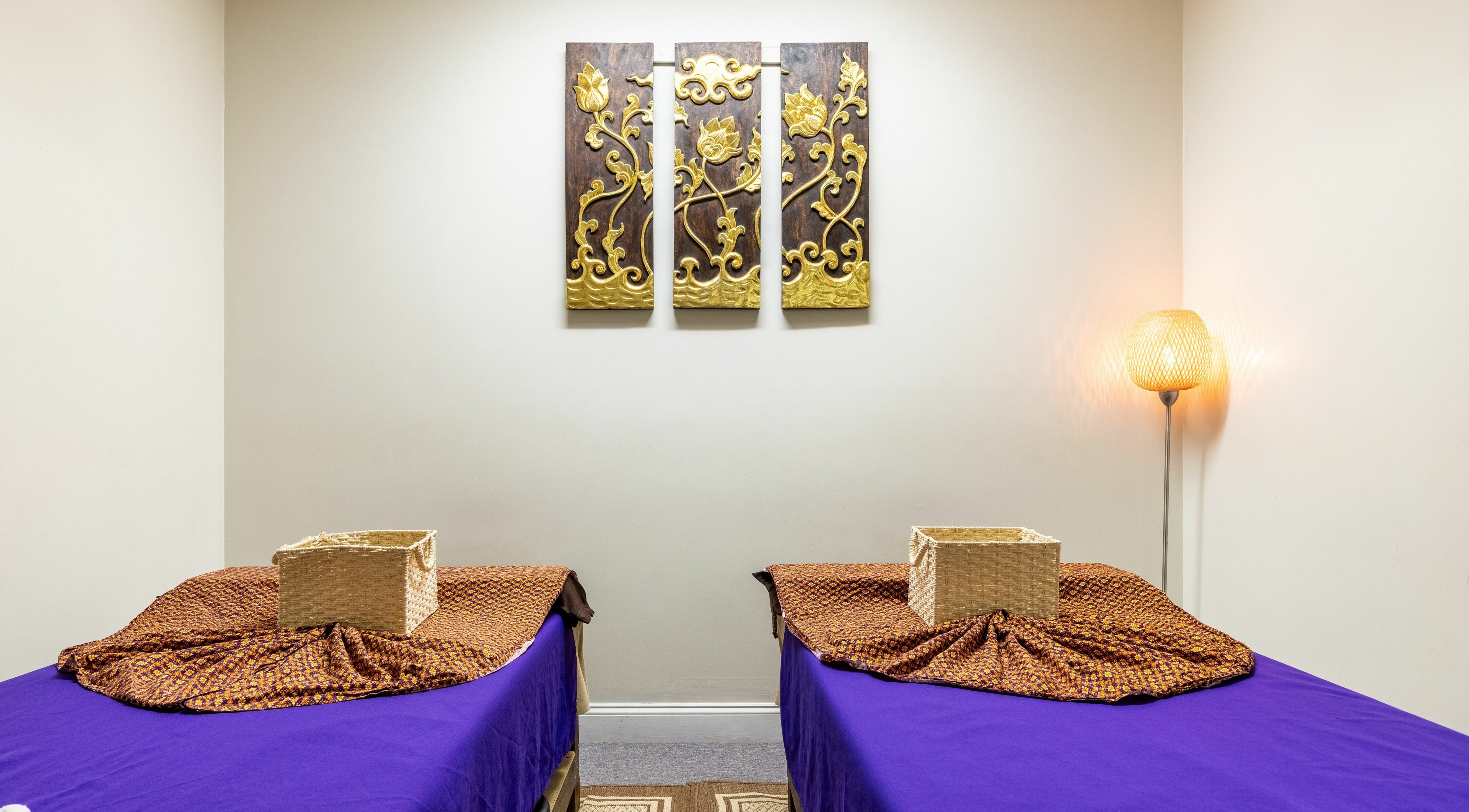 Tranquil massage room at La Moon Thai Spa Wilmington, featuring cozy decor in Wilmington, Massachusetts, US.