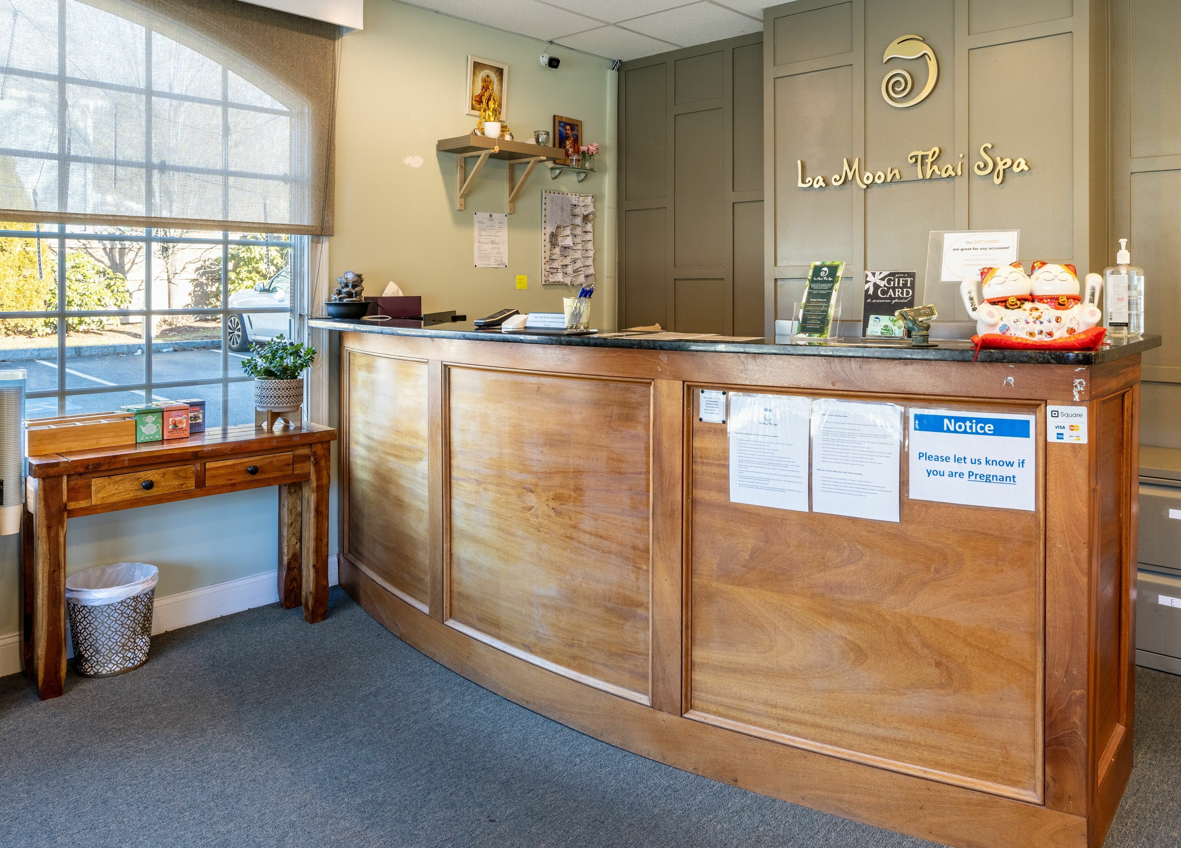 The reception desk at La Moon Thai Spa Wilmington in Massachusetts offers a welcoming atmosphere.