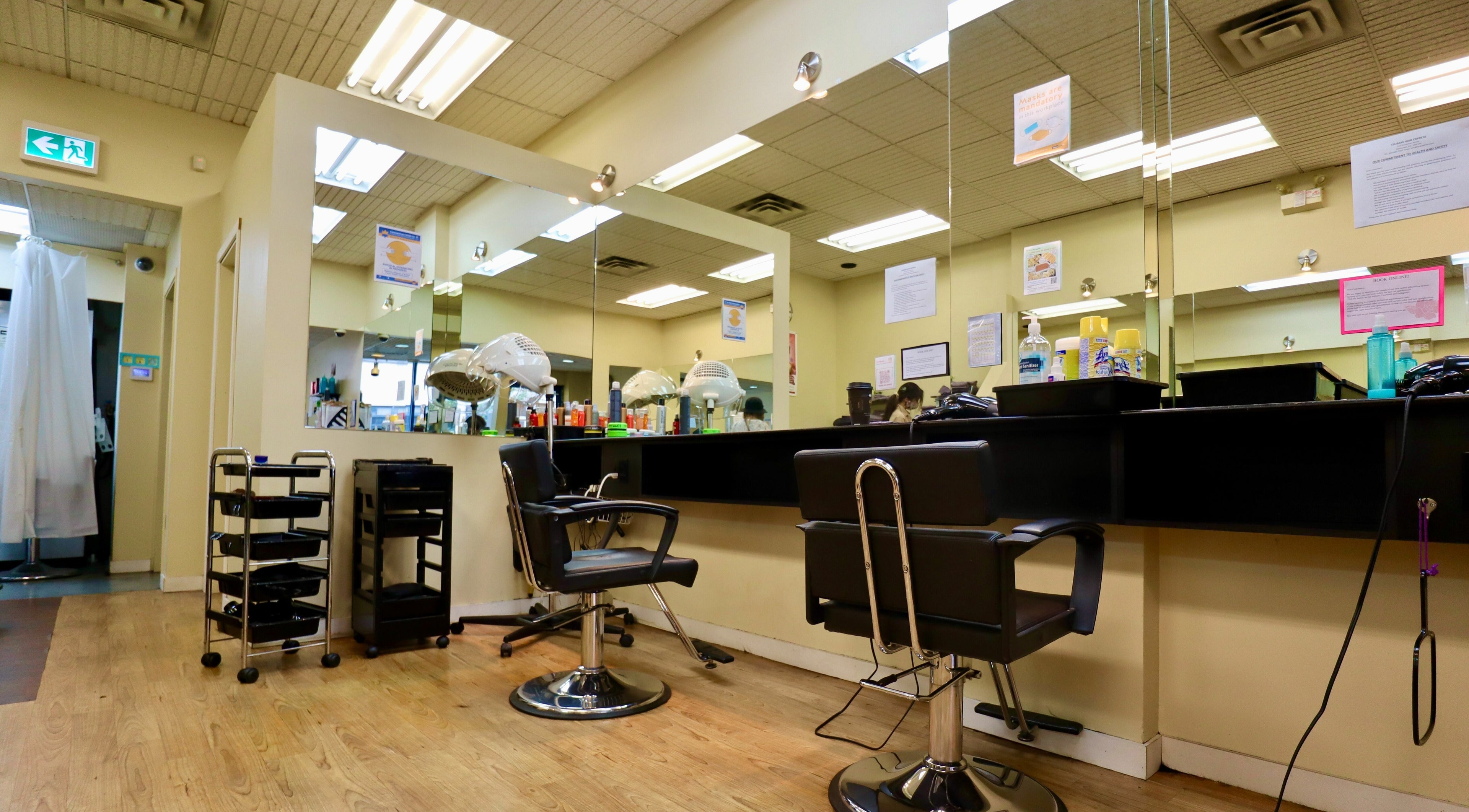 Tsubaki Hair Express salon interior with styling stations in Vancouver, British Columbia, CA.