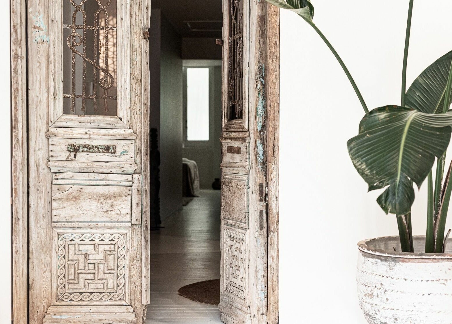 Chakana Day Spa + Wellbeing entrance with rustic door and plant in Avalon Beach, New South Wales, AU.