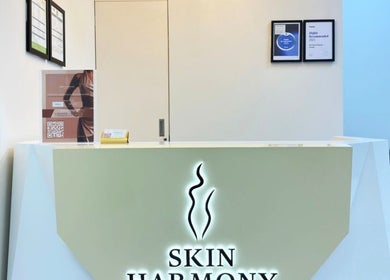 Reception area at Skin Harmony Beauty Salon, Dubai, Dubai, AE, showcasing sleek modern design and welcoming vibe.