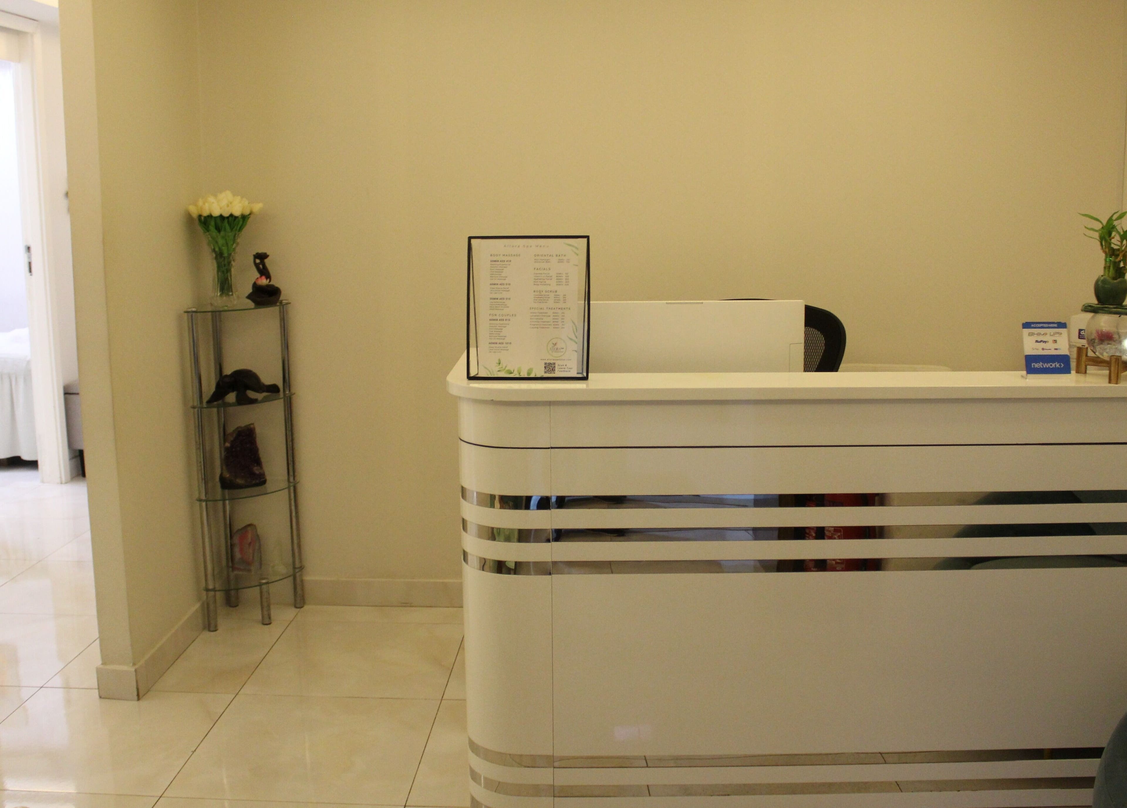 Welcoming reception at Allora Spa and Massage Centre Dubai, features modern decor in Dubai, Dubai, AE.