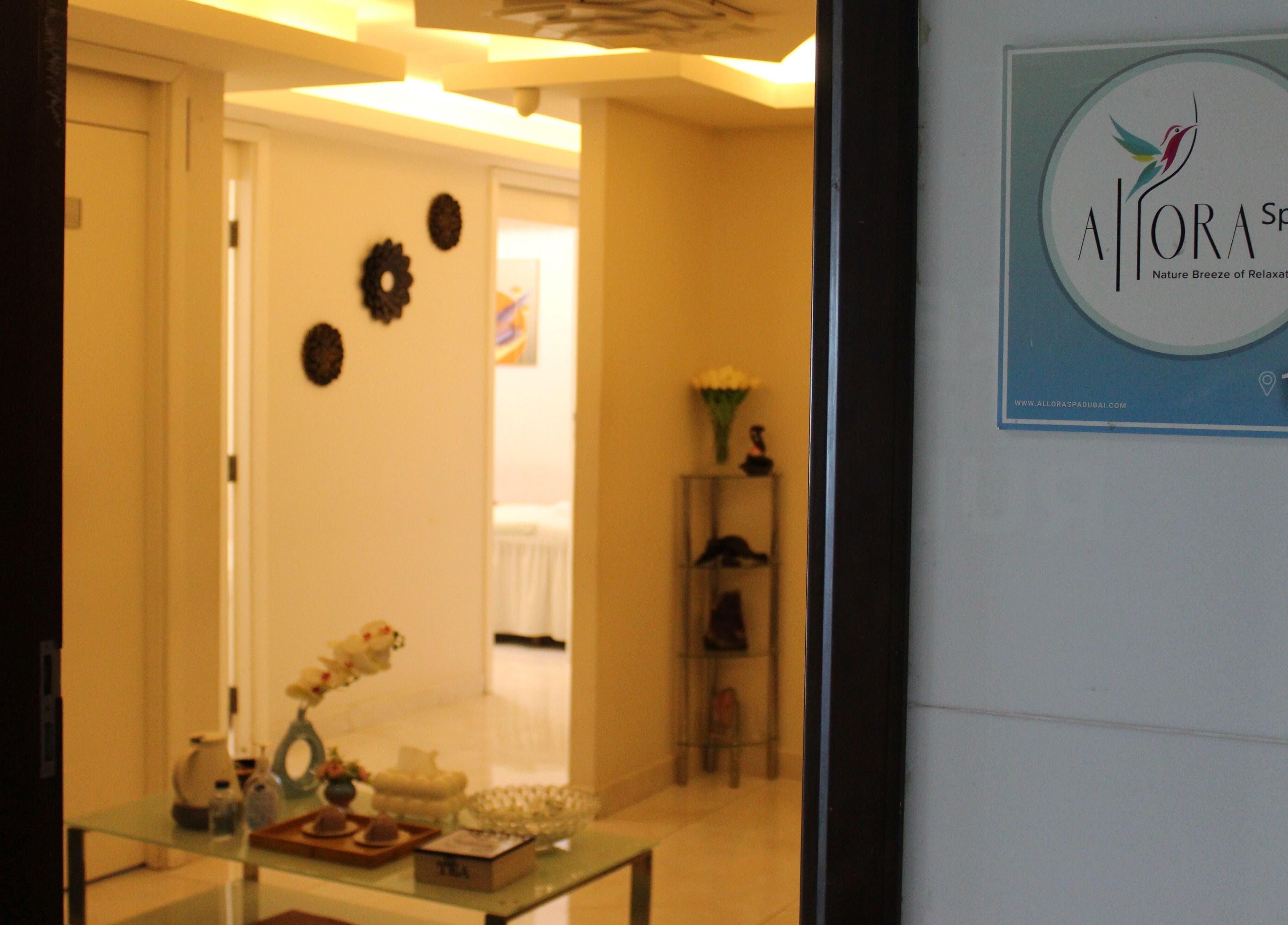 Cozy entrance to Allora Spa and Massage Centre Dubai, featuring soothing decor, Dubai, Dubai, AE.