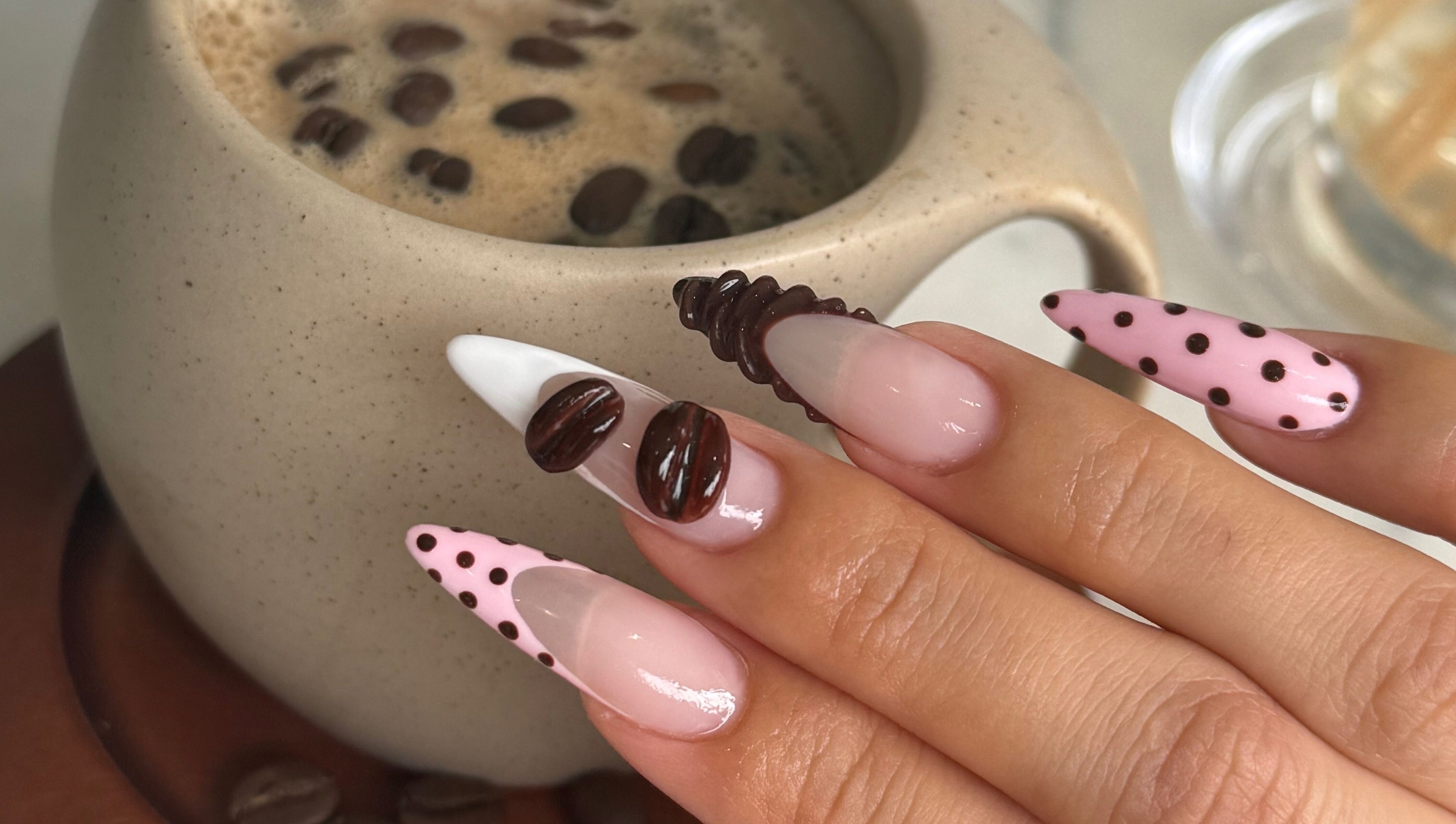 Stylish coffee-themed nail art at Meow Nails Mawson Lakes, Mawson Lakes, South Australia, AU.