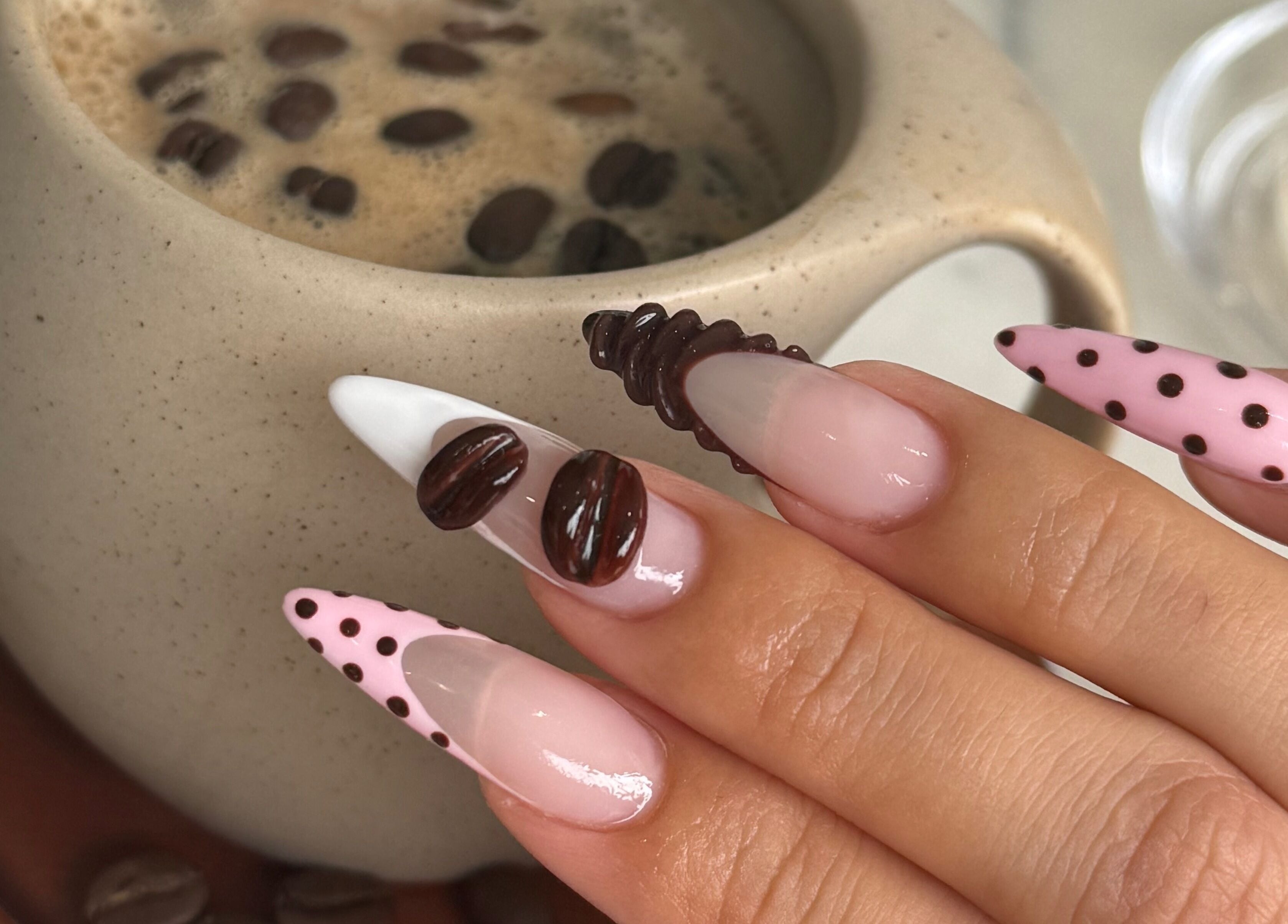 Stylish coffee-themed nail art at Meow Nails Mawson Lakes, Mawson Lakes, South Australia, AU.