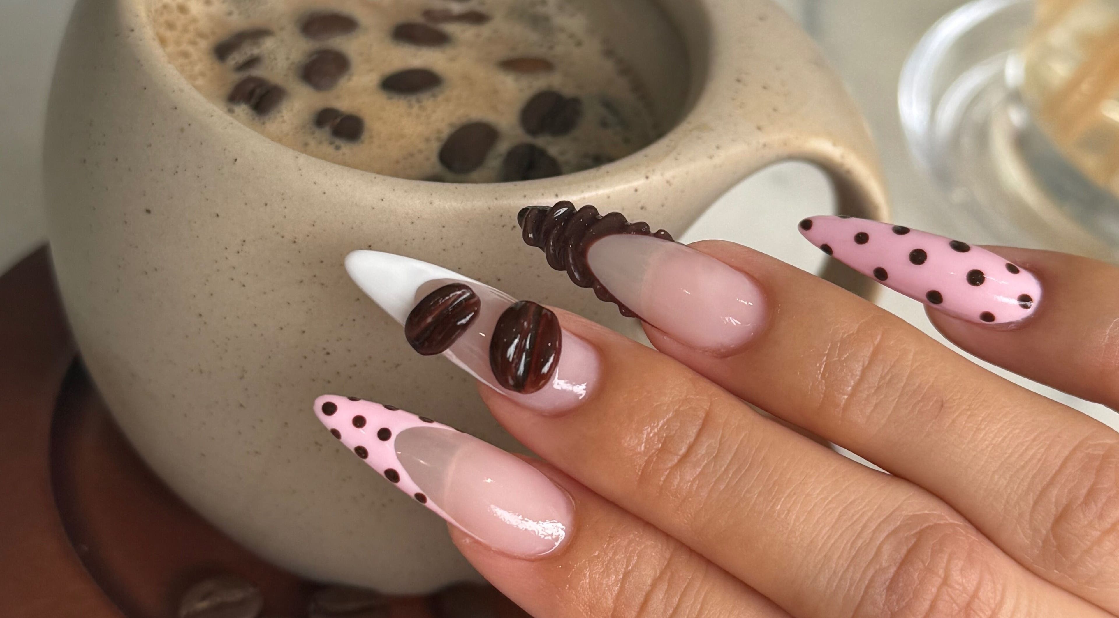 Stylish coffee-themed nail art at Meow Nails Mawson Lakes, Mawson Lakes, South Australia, AU.
