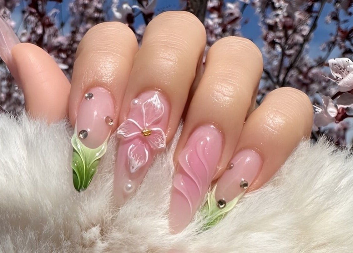 Elegant floral nail art at Meow Nails Mawson Lakes, Mawson Lakes, South Australia, AU.