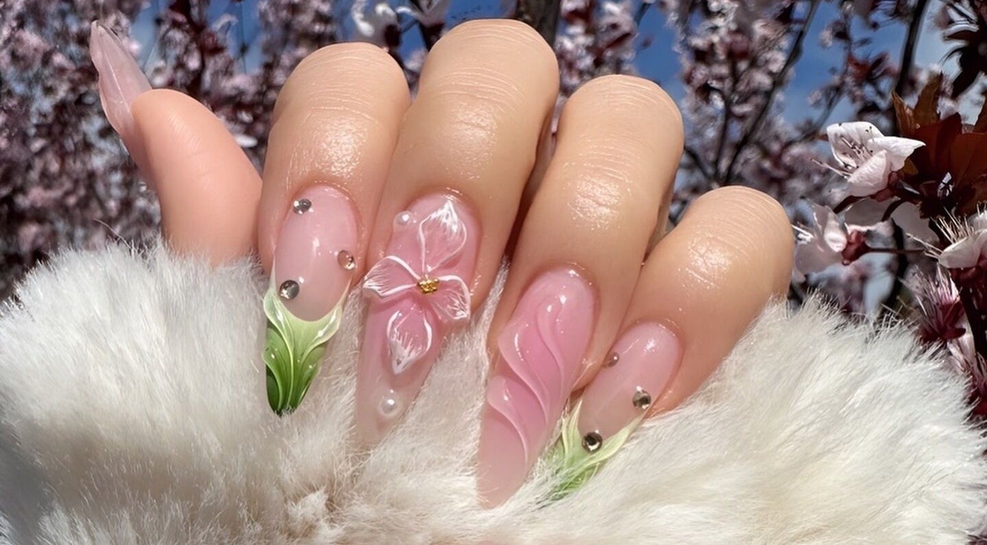 Elegant floral nail art at Meow Nails Mawson Lakes, Mawson Lakes, South Australia, AU.