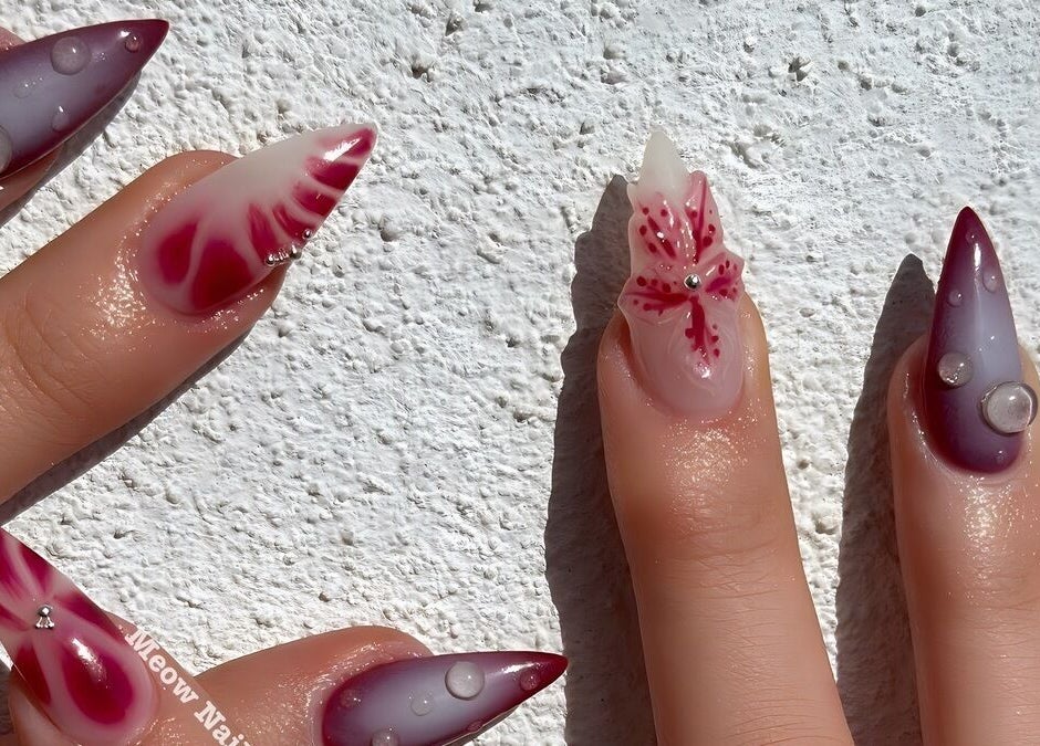 Stylish pink and purple nail art at Meow Nails Mawson Lakes, Mawson Lakes, South Australia, AU.