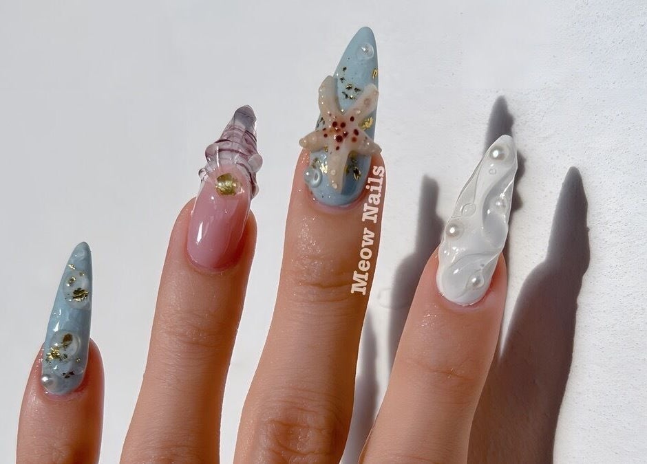 Intricate ocean-themed nail art at Meow Nails Mawson Lakes, Mawson Lakes, South Australia, AU.