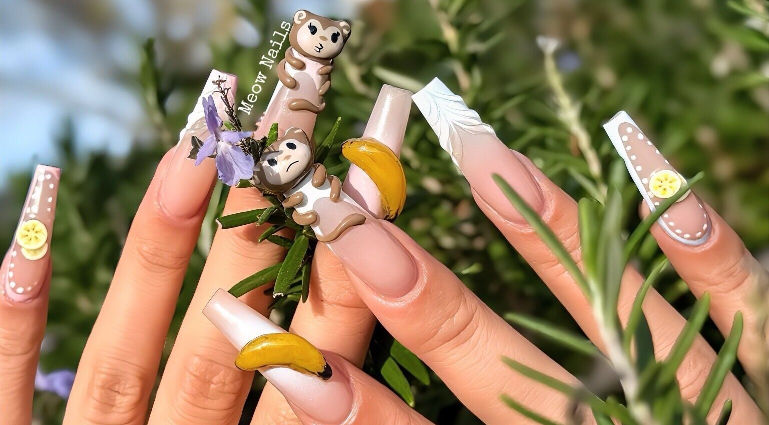 Intricate nail art with animal and fruit designs at Meow Nails Churchill SC, Kilburn, South Australia, AU.
