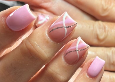Pink and silver nail art at The BeautyVix at Salon V, Leigh, England, GB.
