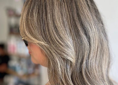 Close-up of silky, highlighted hair at Luz Elena Alvarez in Fallbrook, California, US salon.