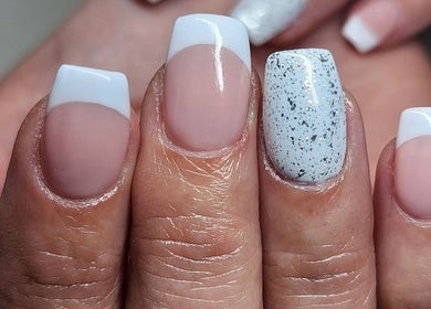 French manicure with accent glitter at La Bella Vita Beauty Salon & Nail Bar, Lydenburg, Mpumalanga, ZA.