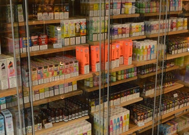 Vibrant vape product display at R.I Studio, Cambridge, England, GB.