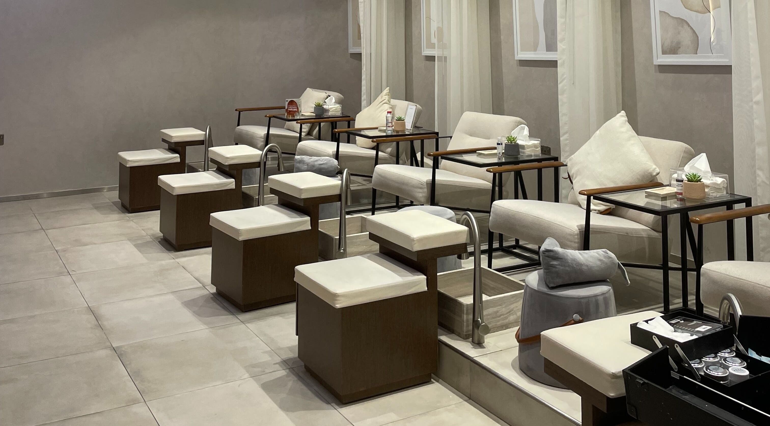 Spacious pedicure area at Clay Beauty Lounge - Khaldiya in Abu Dhabi, AE offering serene relaxation.