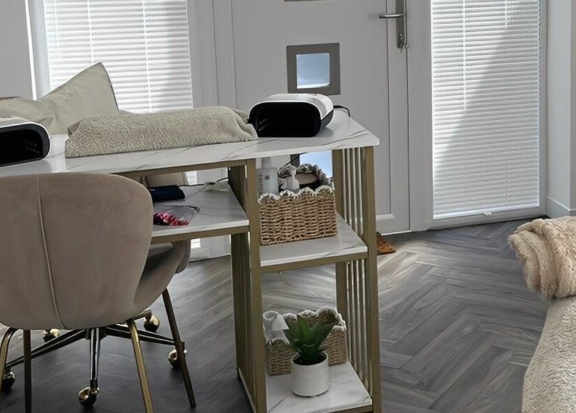 Chic nail station at Chelle's Beauty, Lytham St Anne’s, England, GB, featuring comfy chair and stylish decor.