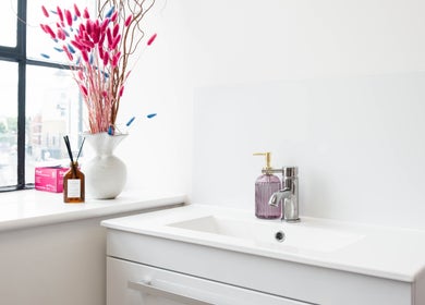 Modern sink with pink decor at Replica Beauty, London, England, GB.