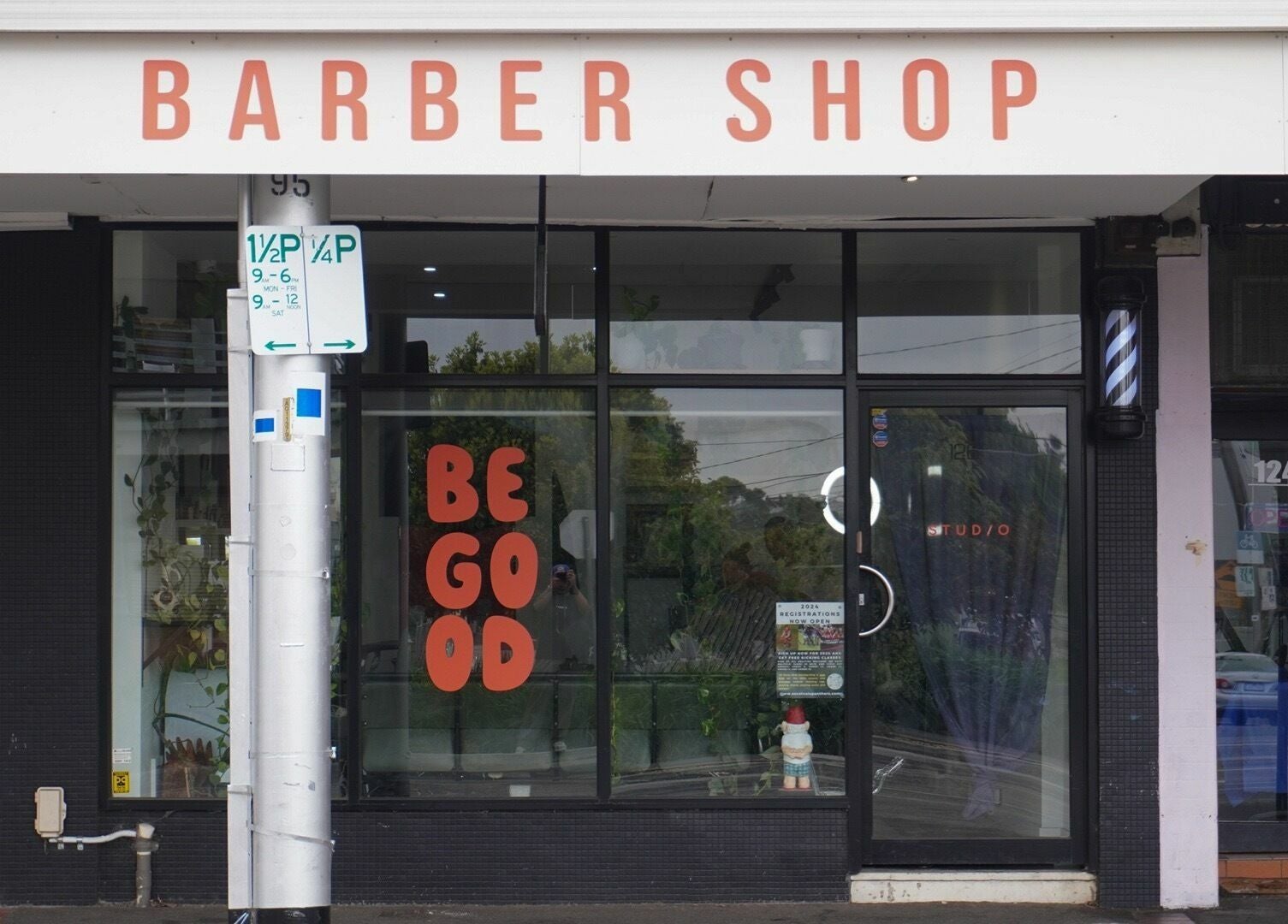 Front view of Be Good Studio, a modern barber shop in Melbourne, Victoria, AU with distinctive signage.
